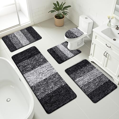Bsmathom Bathroom Rug Set 5 Piece, Plush Microfiber Bath Mat, Black | Extra Water Absorbent, Non Slip Washable Runner Bath Rugs with Toilet Lid Cover and U-shaped Contour Toilet Mat - color: Black, size: 18"x26"+20"x31"+20"x48"+U20"x24"+Cover19"x21"