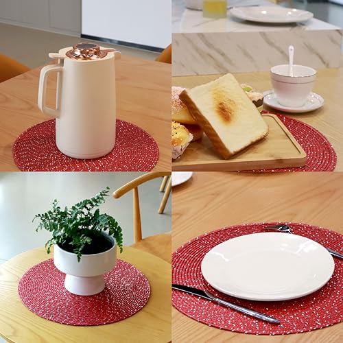 Youyi Round Placemats Set of 6, 15 inch Woven Braided Place Mats Washable Non-Slip Kitchen Table Mats for Dining, Burgundy (with Silver Accents) - size: set of 6