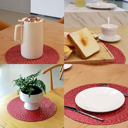 Youyi Round Placemats Set of 6, 15 inch Woven Braided Place Mats Washable Non-Slip Kitchen Table Mats for Dining, Burgundy (with Silver Accents) - size: set of 6