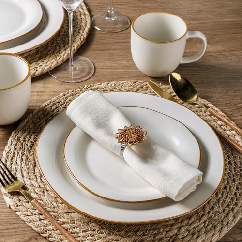 AmorArc Ceramic Dinnerware Sets for 4, Handmade Plates and Bowls Sets | Stoneware Reactive Glaze Dish Set, Scratch Resistant, Dishware Set for Kitchen Wedding, Dishwasher & Microwave Safe - color: Reactive White