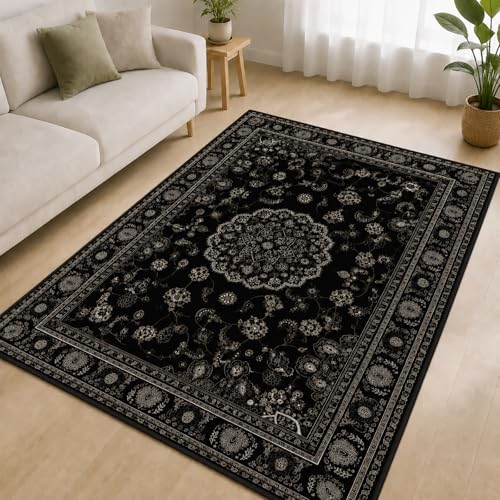 Boho Black Area Rug 3x5 Soft Machine Washable Neutral Vintage Area Rug with Non-Slip Backing Low Pile Throw Rugs for Entryway, Living Room, Kitchen, Kis Room, Office, Bedroom, Laundry Mat Carpet Decor - color: Black, size: 3' x 5' (Rectangular)