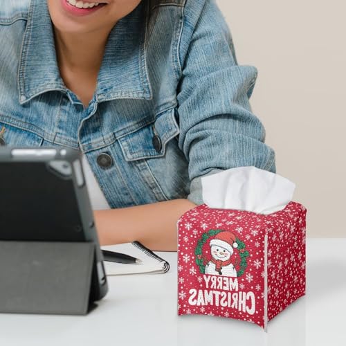 Snowman Tissue Box Cover PU Leather Facial Paper Holder Waterproof Napkin Organizer Dispenser for End Table,Office Desk, Nightstand, Merry Christmas, Red - color: Snowman Merry Christmas