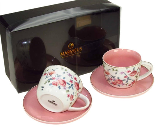 Porcelain Set of 2 Pastel Cups 8 oz with Saucers 5.75", Glamour by Marsseus Collection, Gift Box, Floral motif - color: Floral motif-3