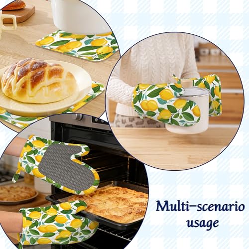 Yellow Lemon Pot Holders and Oven Mitts Set Silicone Tropical Summer Fruit Kitchen Gloves Potholders Heat Resistant Washable,Chef Cooking Baking Gifts for Women Men Bakers Lover Cooks - color: Yellow Lemon,tropical Summer Fruit