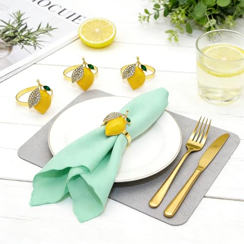Tropical Lemon Napkin Rings Set of 6 Sparkly Rhinestone Fruit Napkin Holders for Summer Beach Wedding Pool Party Fall Garden Holiday Gatherings Rustic Farmhouse Daily Table Decor - style: Lemon