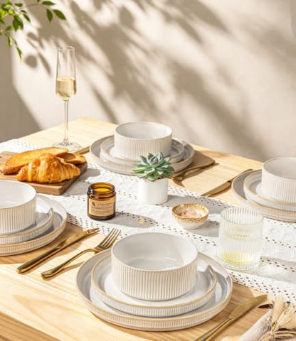 GBHOME Stoneware Dinnerware Sets for 4, 12 Pieces Plates and Bowls Set | Lightweight Ceramic Ribbed Dishes,Reactive Glaze Stackable Plate Set,Scratch Resistant,Microwave Dishwasher Safe,VanillaLatte - color: Vanilla Latte