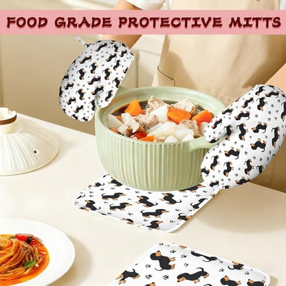 Cute Dachshund Dog Heat-Resistant Silicone Oven Mitts and Pot Holders 4 Piece Set,Extra Long Non-Slip Kitchen Oven Gloves for Cooking, Baking, BBQ,Grilling - color: Cute Dachshund Dog