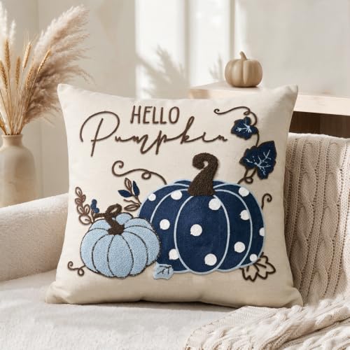 AVOIN colorlife Blue Pumpkin Fall Throw Pillow Cover 18x18 Inch | Hello Pumpkin Polka Dot Embroidered Tufted Patterned Linen Cushion Case Decoration for Sofa Couch - color: Blue, size: 18" x 18" (Pack of 1)