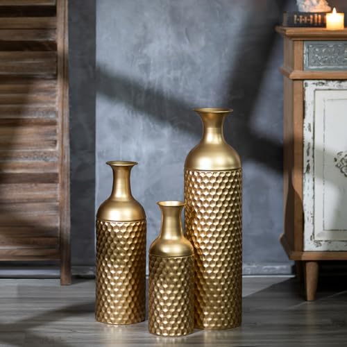 Sziqiqi Tall Gold Floor Vase, Metal Floor Vase Decorative Tall, 27in, 3Pcs | Modern Honeycomb Texture Big Standing Vases for Living Room, Dining, Bedroom, Home, Corner, Hallway, Indoor, Office - color: Gold