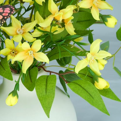 HOSY Freesia Bouquet in Ivory Ceramic Vase, Artificial Flower Arrangements | Silk Flower & Butterfly, Table Centerpiece Decoration, Display Size 10" High & 13.5" Wide, No Upkeep