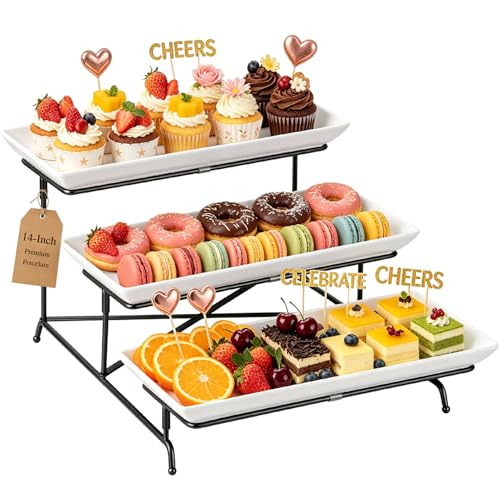 3 Tier Serving Tray Set 14 Inch Porcelain Tiered Serving Trays Platters, Collapsible Sturdier Stand with Stable Cross Bars, Three Layer Serving for Party Entertaining Food Display Fruit Dessert - color: Black, size: 15" x 13" x 9"
