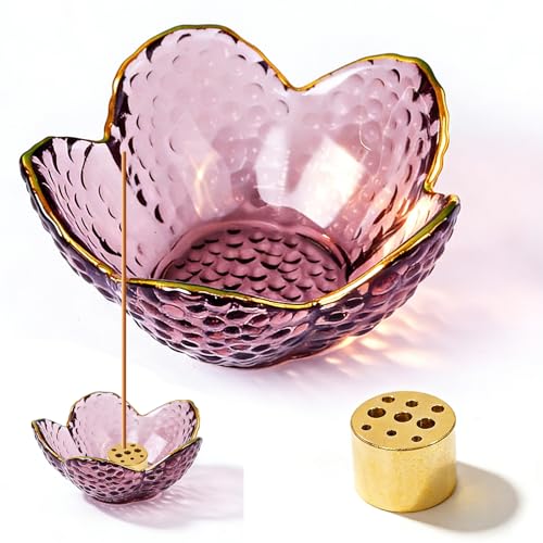 Incense Burner Insence Stick Holder for Sticks | Handmade glass cherry blossom incense stick holder, 9 incenses holes ash catcher, for incenses burning, home & spa decor - color: Upgraded & Larger Cherry Blossom With Gilt-edged