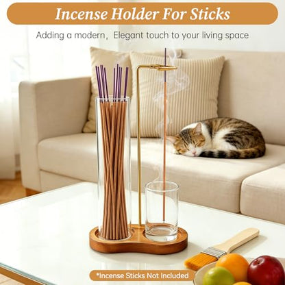 Wood Incense Holder with Glass Ash Catcher for Stick Incense | Wood And Glass, Vertical Design, Clean Ash Collection, Fits Incense Sticks, Home Yoga Meditation