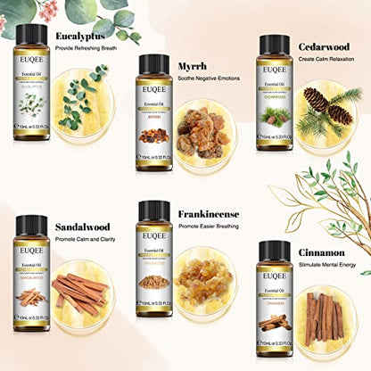 EUQEE 10ml Woody Essential Oils Set - Pure & Nature Essential Oils for Aromatherapy, Diffuser, Candle Making, Massage - Eucalyptus, Cedarwood, Sandalwood, Frankincense, Cinnamon | Pure & Nature Essential Oils for Aromatherapy - Eucalyptus, Cedarwood, Sand