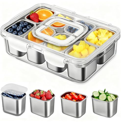 Snackle Box Container, Stainless Steel Divided Serving Tray with Lid and Handle, Large Snack Tray for Fruit Veggie Candy, 8-Compartment Snack Platter for Travel Party Beach Picnic - color: Silver, size: 8 Compartment (13.38"L x 9.25"W x 3.54"H)