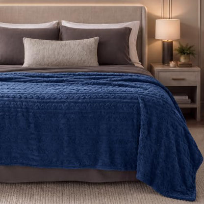 Bare Home Faux Shearling Blanket (Full/Queen, Cable Dark Blue) | Blanket for Bed, Sofa, Couch, Camping, Travel, and Gifts, Warm & Lightweight, Fluffy & Soft - color: 13 - Cable Dark Blue, size: Full/Queen