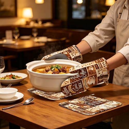 Oven Mitts and Pot Holders Retro Cafe Silicone Kitchen Accessories Set of 4 Heat Resistant Gloves Potholder Non-Slip Grip for Chef Cooking Baking Grilling BBQ - color: Retro Cafe