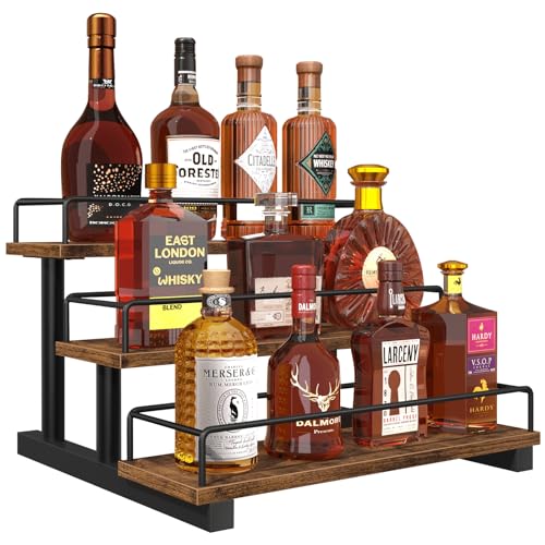 Liquor Bottle Display Shelf, 3 Tier Coffee Syrup Rack Organizer | Wine Rack Countertop, Home Retro Bar Shelf Stand Holder for Liquor Whiskey Spirits, Mini Bar, Liquor Cabinet, Rustic Brown