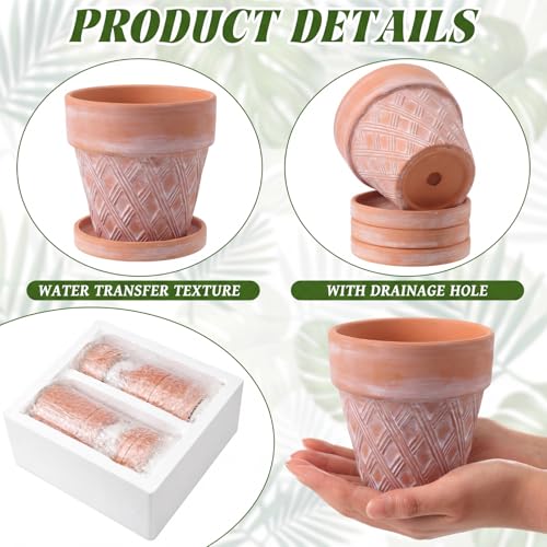 Set of 6 Embossed Succulent Pots 4" Small Terracotta Pots with Drainage Hole and Saucer Rustic Clay Succulent Planter Pot Decorative Ceramic Cactu Flower Pot for Indoor Outdoor(Lattice Style) - size: 4 Inch, style: Lattice Style