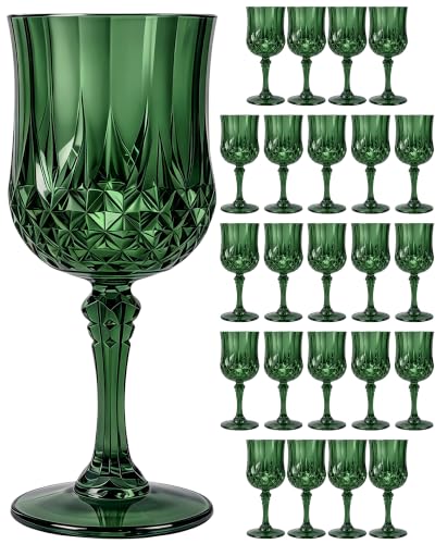 24PCS Deep Green Plastic Wine Glasses 7oz Acrylic Goblets | Unbreakable Shatterproof, Reusable & Disposable, Vintage Drinking Glasses with Stem, for Wedding Outdoor Dinner Party - color: Deep Green