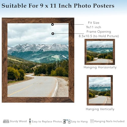 9x11 Picture Frame Deep Brown for Wall Hanging, Wood 9 x 11 Frame Photo Frame for Wall Horizontally or Vertically, Deep Brown, 3 Pack - size: 9x11 inch