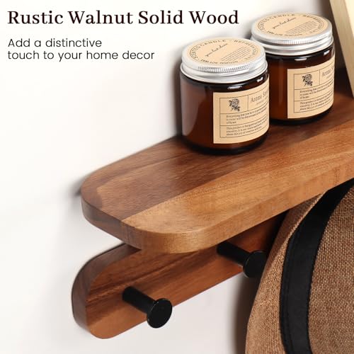 Coat Rack Wall Mount with Shelf, 17" Walnut Wood Wall Shelf with Hooks, Entryway Floating Shelves with 5 Metal Hangers for Coats, Backpacks, Living Room, Bedroom, Bathroom