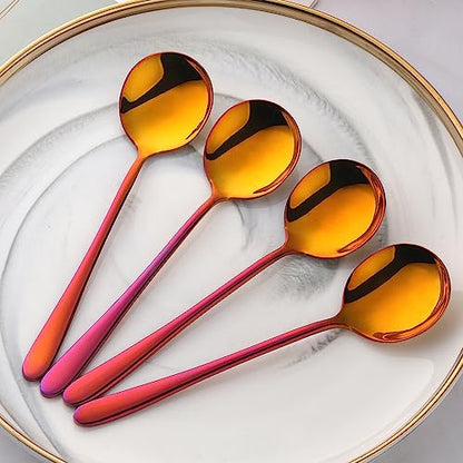 Round Stainless Steel Bouillon Spoons Soup Spoons, Stainless Steel Large Round Spoons, Heavy-Weight Round Deep Bowl Spoon Set, Dinner Metal Spoons for Soup Grain Dessert Milk - size: 4 pcs Red Orange