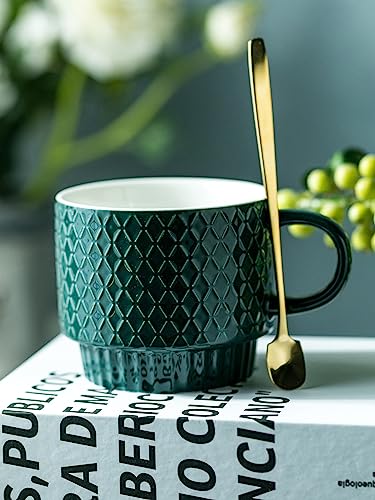 LYEOBOH Coffee Mug Set Porcelain Stackable Coffee Mugs with Stand and Spoons, 13 OZ. Cappuccino Cup Demitasse Cups for Drinks, Espresso, Latte,Set of 4, Dark Green - color: Dark Green