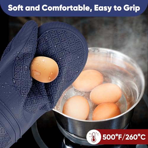 Silicone Oven Mitts, Heat Resistant Oven Gloves with Quilted Liner, Waterproof & Non-Slip Kitchen Mittens for Baking Cooking BBQ, 500°F, 12.5"-Ink Blue - color: Ink Blue