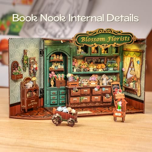 Miniature House Book Nook Kit | DIY Bookshelf 3D Wooden Puzzles for Adults Booknook Plant Gifts for Women Teenagers (Blossom Florists) - style: Blossom Florists