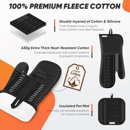 Oven Mitts Kitchen Towels and Dishcloths with Pot Holders Sets, Oven Gloves Hot Pads 500°F Heat Resistant with Silicone Grip, Include 2 Cooking Gloves/2 Potholders/4 Kitchen Towels/4 Dish Towels - color: Black
