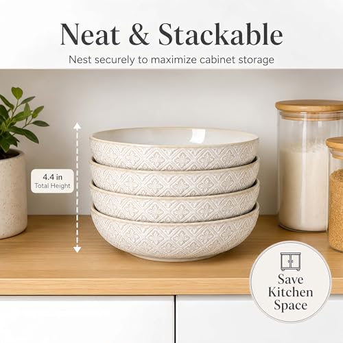22 Oz Pasta Bowls Set of 4, Ceramic Soup Bowls, 8 inch Large Serving Bowl, Porcelain Kitchen Embossed Dish for Salad, Fruit, Rice, Desserts, Housewarming Wedding Gifts, Dishwasher Safe - color: Floral 2