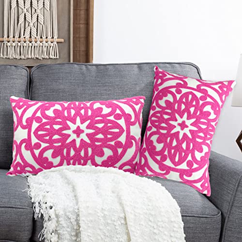 Alysheer Embroidered Lumbar Decorative Throw Pillow Covers 12"x 20" Set of 2, Classic Boho Mandala Embroidery Pattern Cotton Rectangular Cushion Case for Sofa Couch Bed Living Room(Bright Hot Pink) - color: Vivid Hot Pink, size: 20" x 12" (Pack of 2)