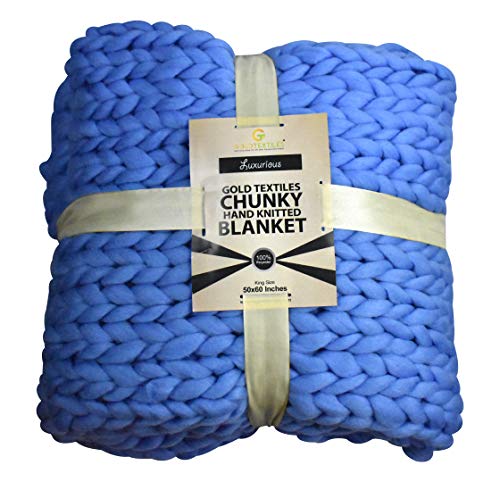Chunky Knit Blanket (50X60 Inches) Warm Soft Cozy for Lounge Sofa & Bedroom Handmade Knitted Yarn Throw Blanket (Blue, 1) - color: Blue