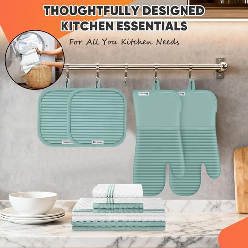 Oven Mitts Kitchen Towels and Dishcloths with Pot Holders Sets, Oven Gloves Hot Pads 500°F Heat Resistant with Silicone Grip, Include 2 Cooking Gloves/2 Potholders/4 Kitchen Towels/4 Dish Towels - color: Mint Green