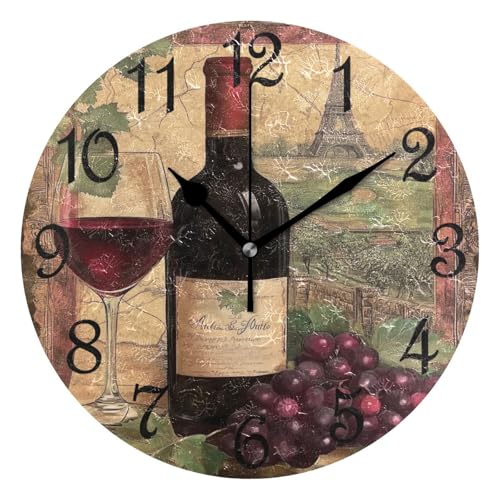 Red Wine Glass Leaf Grapes Pattern Round Wall Clock Silent Non Ticking Bathroom Clocks 10 Inch Battery Operated Clock for Kitchen Living Room Bedroom Home Decor - color: A003