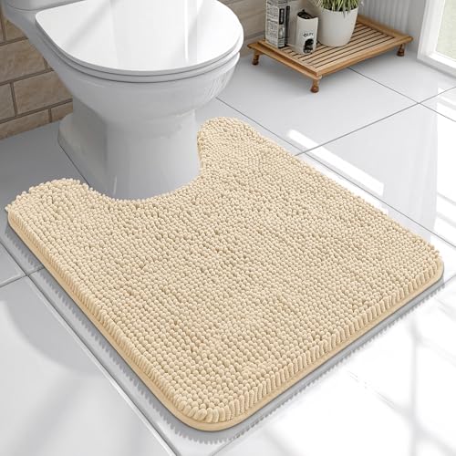OLANLY Toilet Rugs U-Shaped 20x20, Soft Absorbent Chenille Contour Rugs | Beige, Quick-Drying Rubber Backing, Machine Washable Non-Slip Shaggy Bathroom Mat for Toilet, Home Decor Accessories - color: Beige, size: 20" X 20" Contour Rug