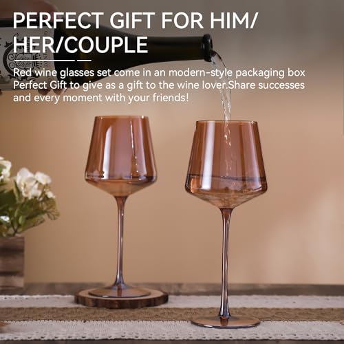 Brown Wine Glasses Set of 6,18oz Dark Amber Wine Glassware Gift Set for Party Brown Hand Blown Glass Drinkware for Red White Wine gifts set for wine lovers - color: Dark Amber