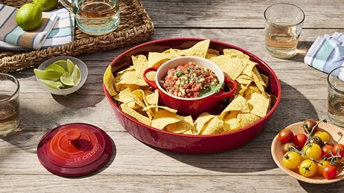 Le Creuset Stoneware Signature Oval Chip and Dip Platter, 13", Cerise - color: Cerise