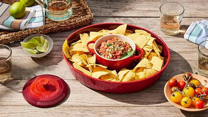 Le Creuset Stoneware Signature Oval Chip and Dip Platter, 13", Cerise - color: Cerise
