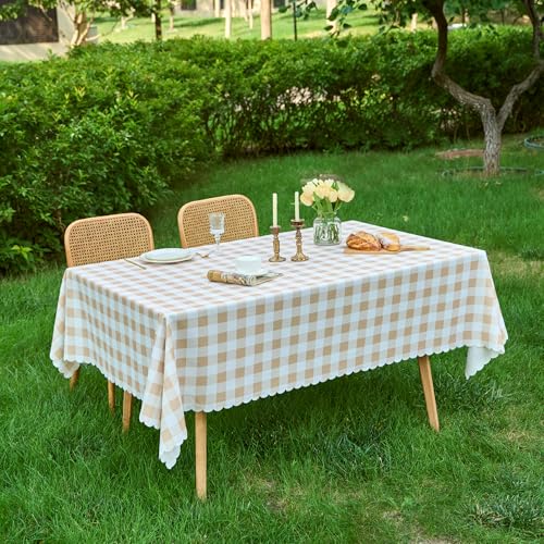 MANGATA CASA Tan Gingham Tablecloth Rectangle - Checkered Waterproof Tablecloths - Polyester Buffalo Plaid Wrinkle Free Table Cover(Light Brown 60x72in) - color: Light Brown, size: 72" x 60" (Rectangular)