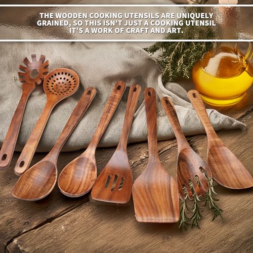9 PCS Kitchen Utensils Set - Wooden Spoons for Cooking, Natural Teak Wooden Utensils - Includes Wooden Spoons, Spatula Set, Slotted Spoon - Handmade Wooden Spoon Set | Heat Resistant, Non-Scratch, Safe for Nonstick Pan, Easy to Clean, Daily Cooking Use,Sm
