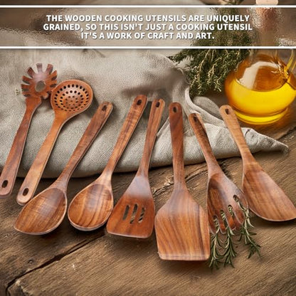 9 PCS Kitchen Utensils Set - Wooden Spoons for Cooking, Natural Teak Wooden Utensils - Includes Wooden Spoons, Spatula Set, Slotted Spoon - Handmade Wooden Spoon Set | Heat Resistant, Non-Scratch, Safe for Nonstick Pan, Easy to Clean, Daily Cooking Use,Sm