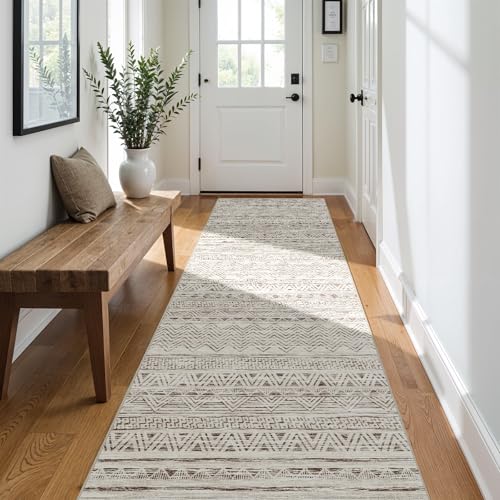 Ksrau 3x10 Runner Rug Washable Moroccan: Non Slip Hallway Floor Mat Beige | Soft Kitchen Rugs Low Pile Thin Carpet Runners for Entryway Bedroom Bathroom Living Room Indoor Home Office Decor - color: Beige, size: 3' x 10'