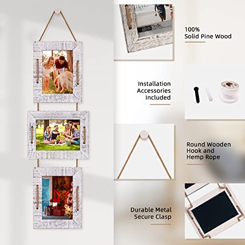 5x7 Collage Picture Frames, 3 Opening, Solid Wood, White, 2 Pack | Wall-Mounted Hanging Design, Displays 4x6 Photos with Mat or 5x7 Photos Without Mat, Three-Opening Layout - color: Rustic White