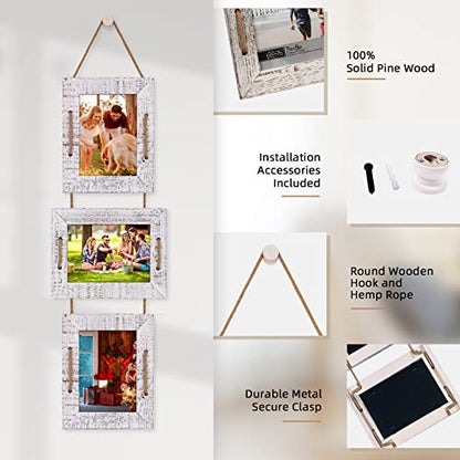 5x7 Collage Picture Frames, 3 Opening, Solid Wood, White, 2 Pack | Wall-Mounted Hanging Design, Displays 4x6 Photos with Mat or 5x7 Photos Without Mat, Three-Opening Layout - color: Rustic White