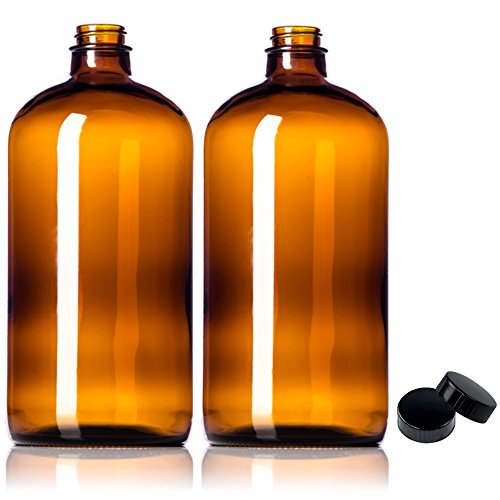 Sally's Organics 32oz Amber Glass Bottles - 2 Pack with USA-Made Tight Seal Lids - Quart-Sized Brown Glass Growlers for Beer, Kombucha, and Juice Storage