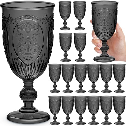 Wiwiqing 18 Pack Plastic Goblets 10oz Upgrade Vintage Water Goblet Plastic Wine Glasses Colored Retro Embossed Glassware for Party Wine Bar Juice Baby Shower Wedding Reception Grand (Black) - color: Black