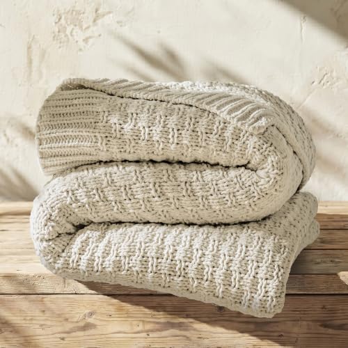 EVERGRACEHOME Chunky Chenille Knit Throw Blanket, Birch, 50" x 60" | Basketweave Chenille Knit, OEKO-TEX Certified, Lightweight Warmth, Modern Farmhouse, Decorative Throw for Couch, Bed & Sofa - color: Birch, size: 50" x 60"