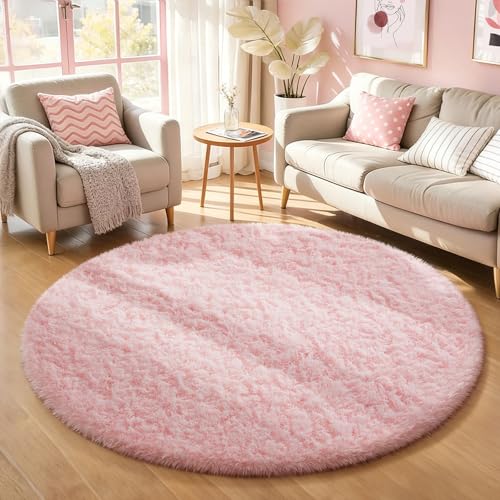 Ophanie Round Rugs 5Ft Pink Circle Area Rug,Fuzzy Bedroom Carpet, Shag Plush Floor Kawaii Christmas Living Room Rugs 5 Foot,Cute Aesthetic Room Decor for Kids Teen Girls Baby Over 99 pcs Pile fibers - color: 5- Pink, size: 5' (Round)